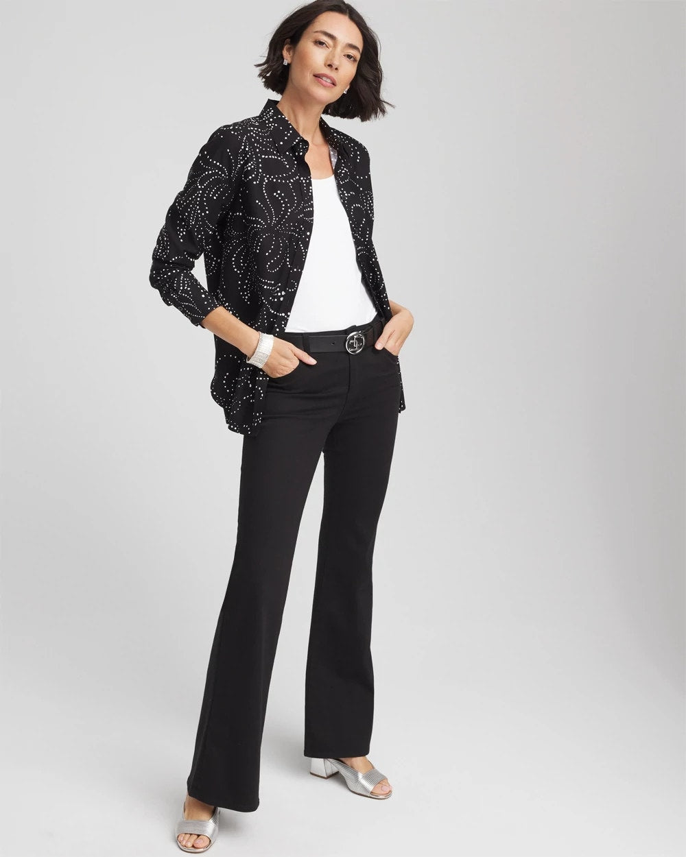 Chico's Women | No Iron™ Findot Print Sateen Shirt BLACK