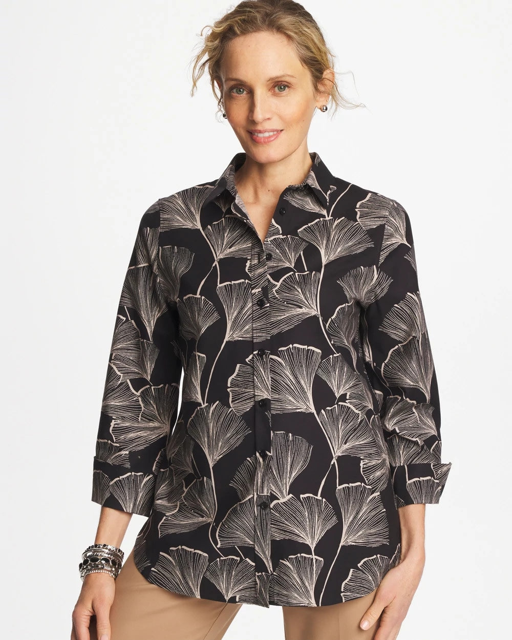 Chico's Women | No Iron™ Stretch Ginkgo Glory Shirt BLACK