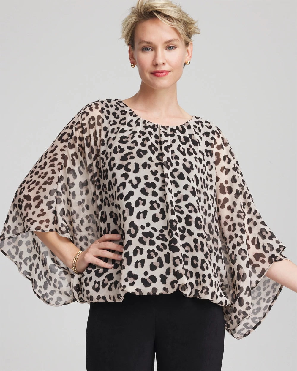 Chico's Women | Travelers™ Animal-Print Bubble-Hem Chiffon Blouse DEEP TAUPE