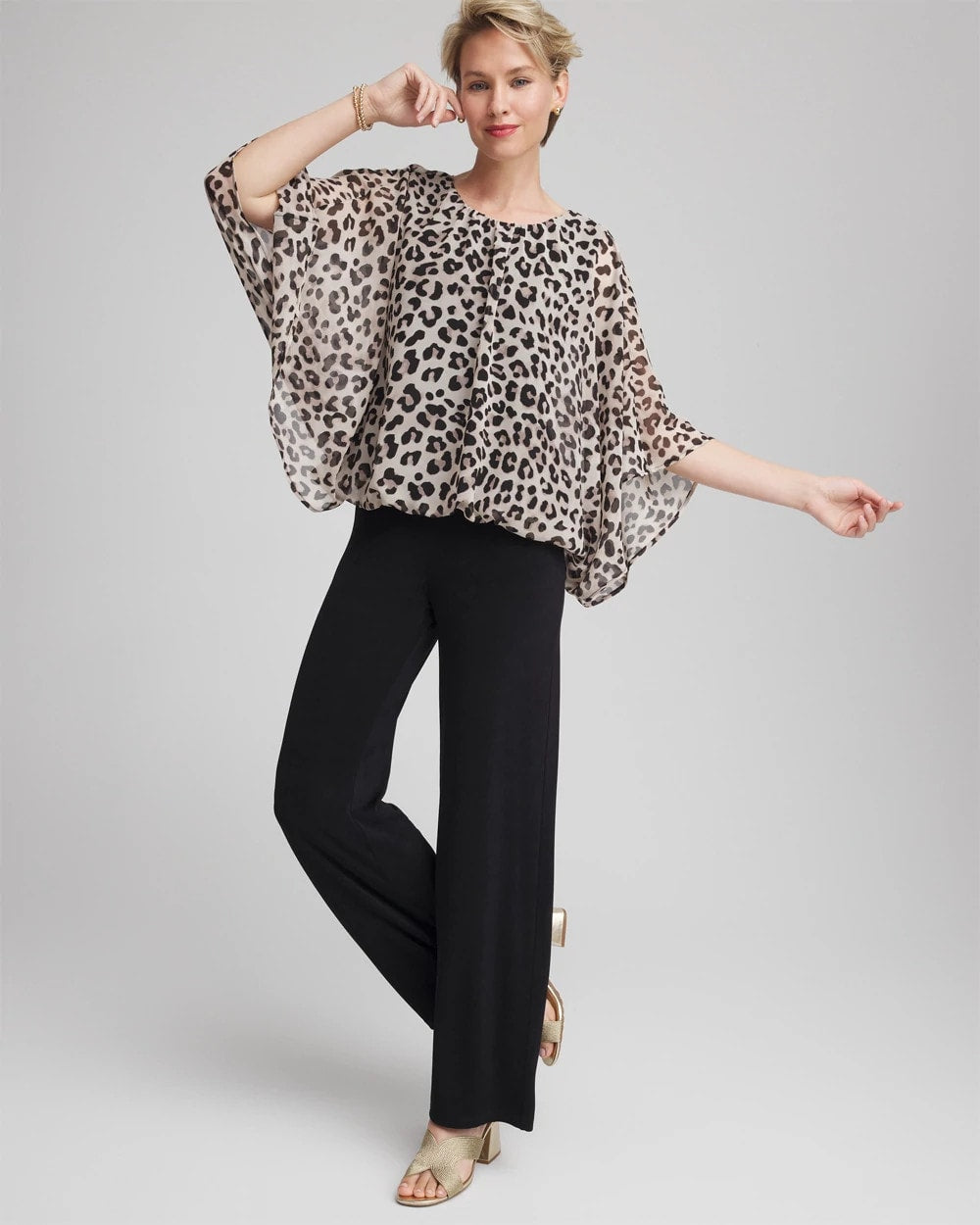Chico's Women | Travelers™ Animal-Print Bubble-Hem Chiffon Blouse DEEP TAUPE