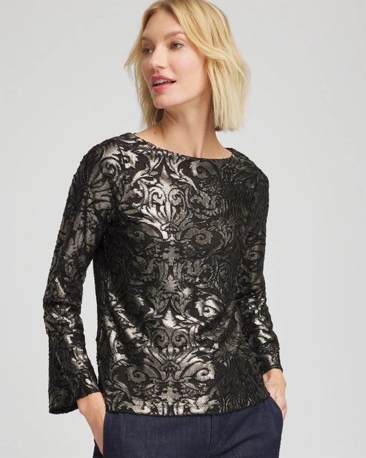 Chico's Women | Art Deco Burnout Jacquard Top BLACK