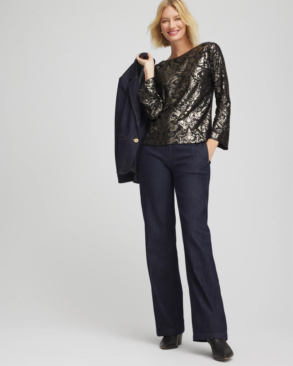 Chico's Women | Art Deco Burnout Jacquard Top BLACK