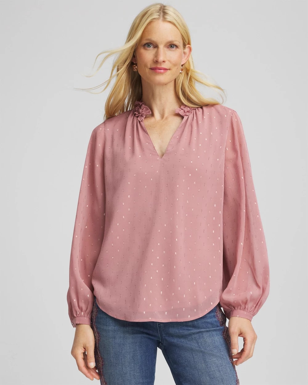 Chico's Women | Ruffleneck Lined Georgette Blouse DUSTY ROSE