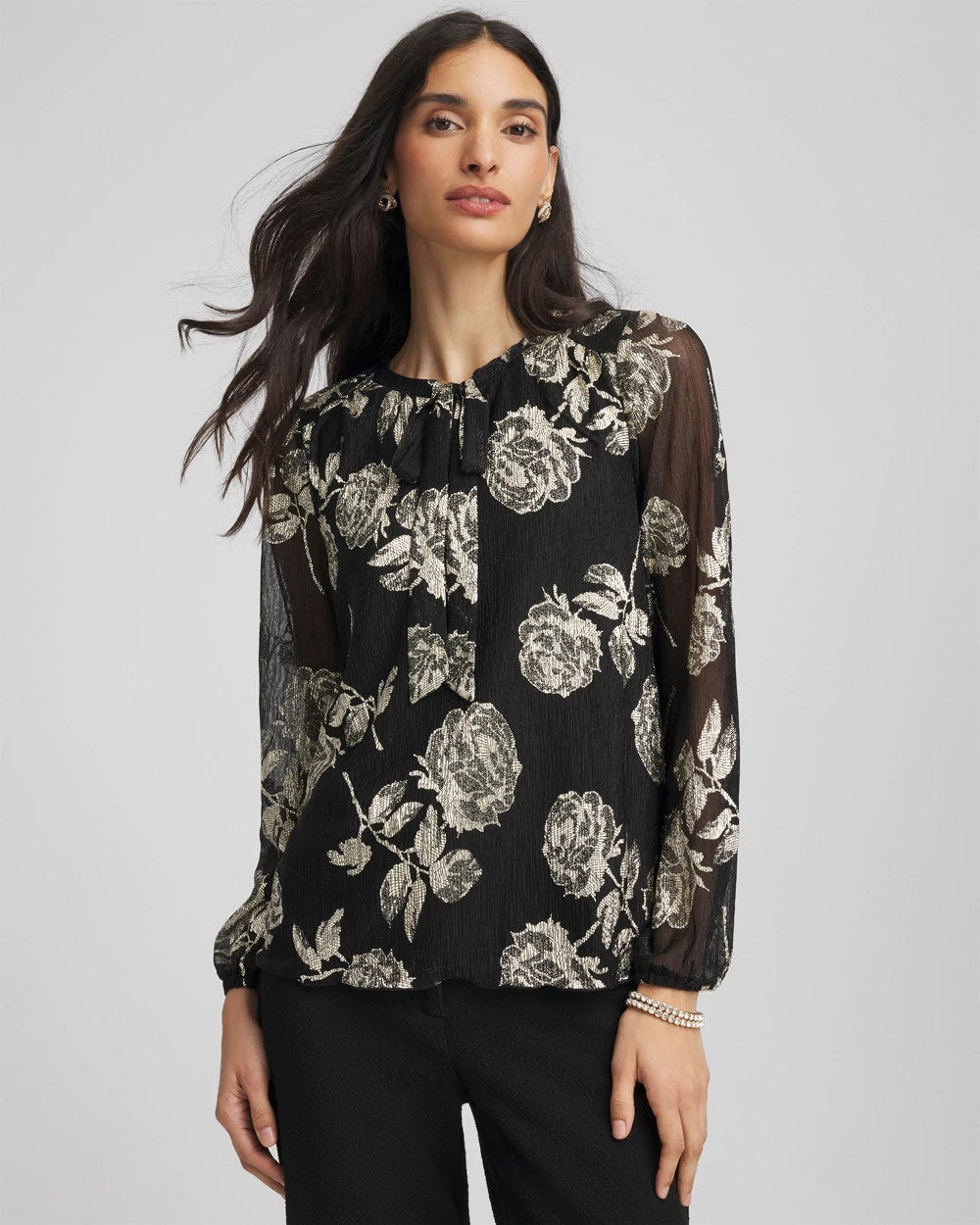 Chico's Women | Floral Metallic Bodre Top BLACK