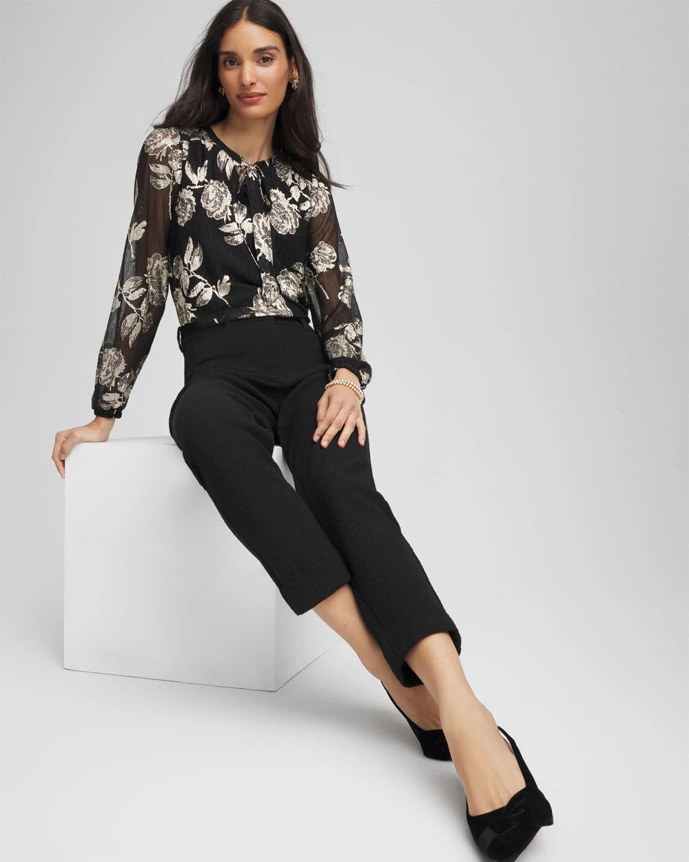 Chico's Women | Floral Metallic Bodre Top BLACK