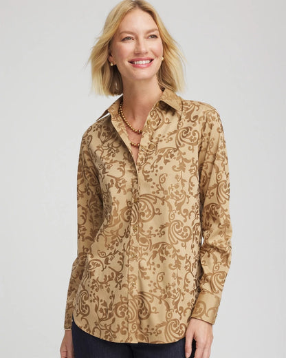 Chico's Women | No Iron™ Jacquard Scrolls  Shirt GOLD