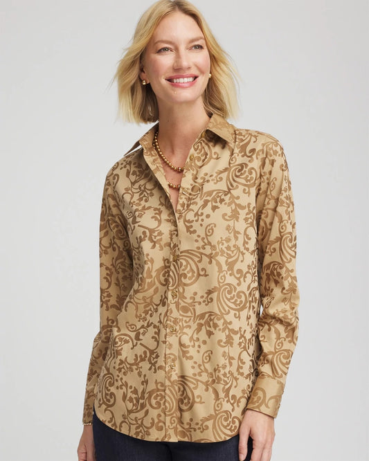 Chico's Women | No Iron™ Jacquard Scrolls  Shirt GOLD