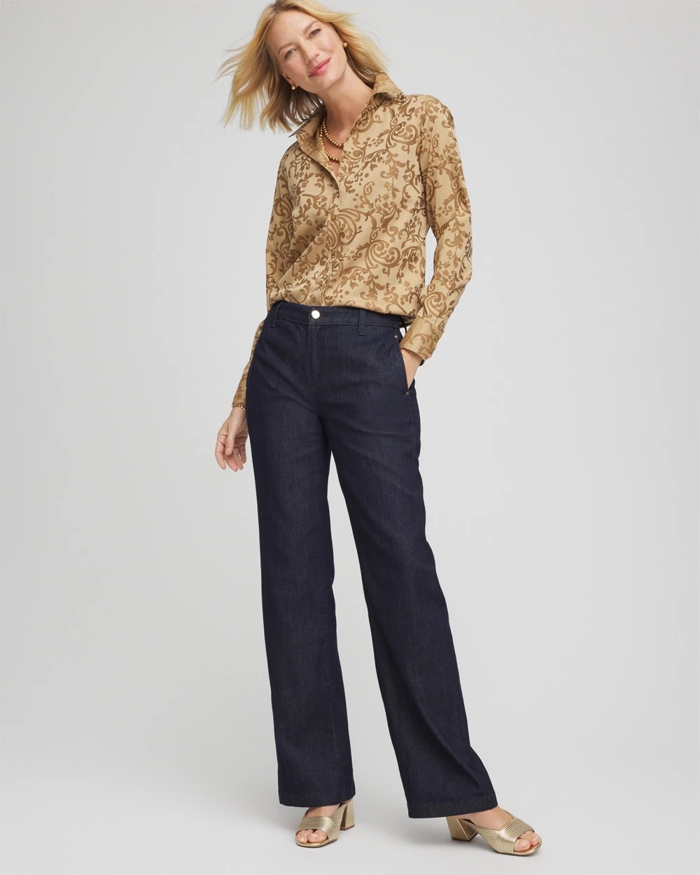 Chico's Women | No Iron™ Jacquard Scrolls  Shirt GOLD