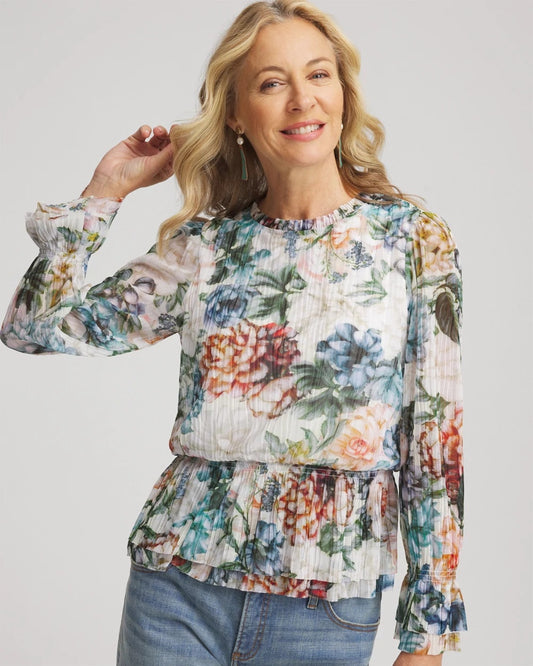 Chico's Women | Rose Print Crinkle Top ECRU
