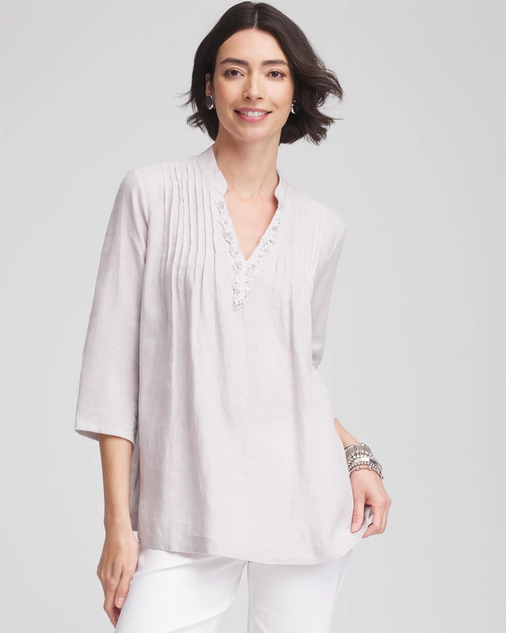 Chico's Women | Embellished Linen Kurta Tunic DOVE GRAY