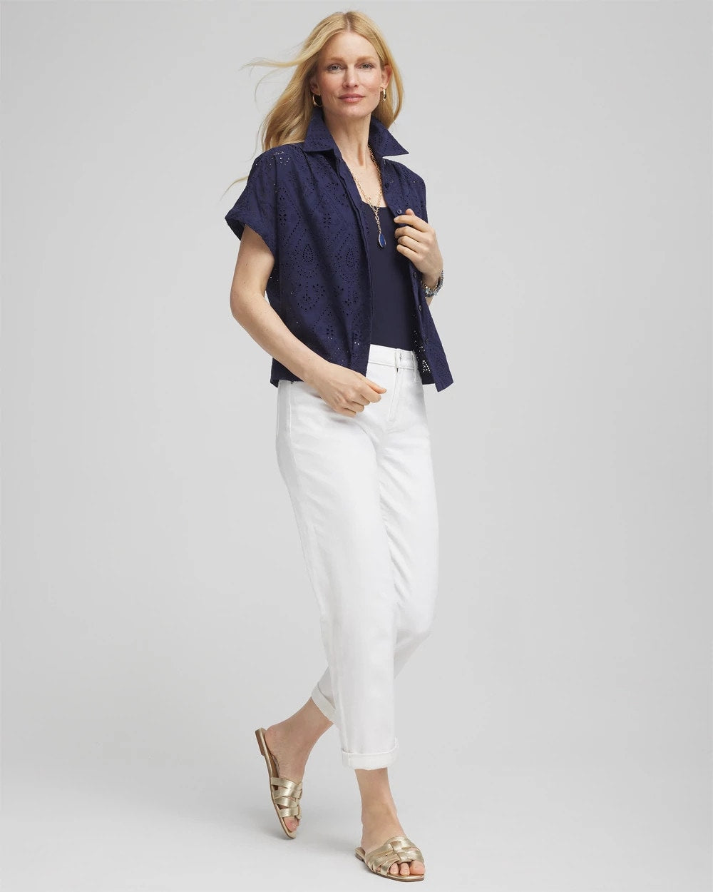 Chico's Women | Embroidered Eyelet Button-down Top PASSPORT BLUE