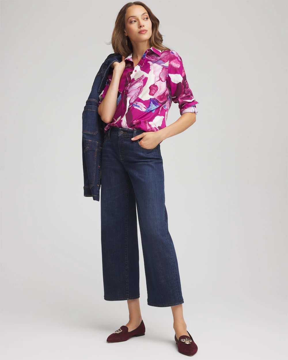 Chico's Women | No Iron™ Floral-Paint-Print Shirt COBALT STONE