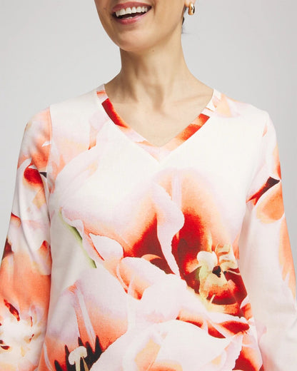 Chico's Women | Tropical Floral 3/4 Sleeve Tee ORANGE TANGO