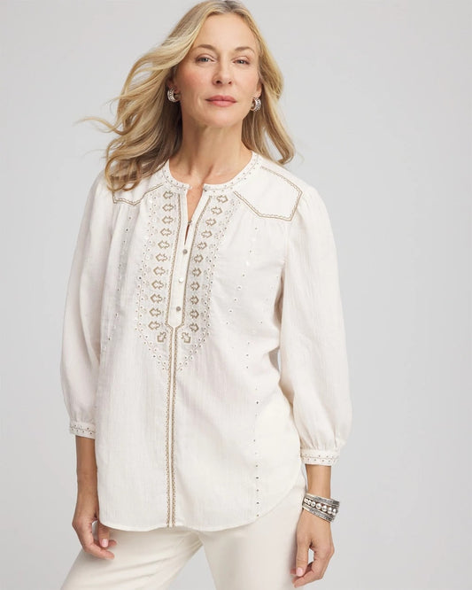 Chico's Women | Embroidered Crinkle-Cotton Blouse ECRU