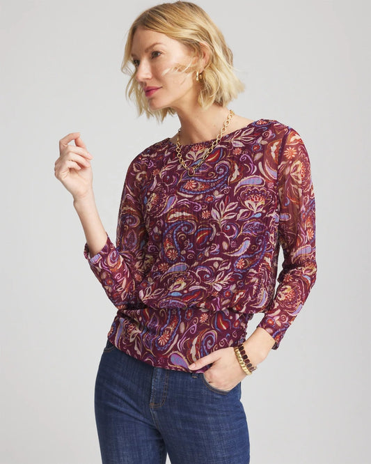 Chico's Women | Paisley Textured Banded-Hem Top DEEP CHIANTI