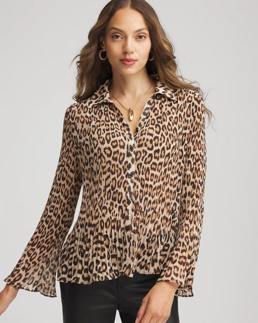 Chico's Women | Animal-Print Pleated Georgette Blouse BLACK
