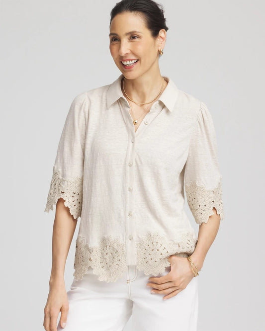 Chico's Women | Crochet Trim Linen Shirt RIVER ROCK
