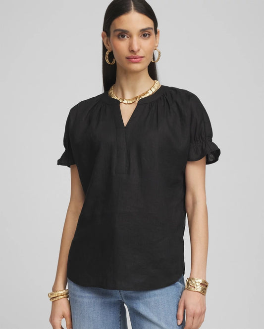 Chico's Women | Linen Flutter-Sleeve Popover Top BLACK