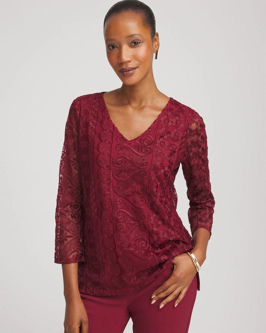Chico's Women | Embroidered Mesh Tunic Top RUSSET RED