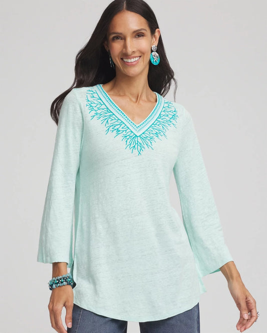Chico's Women | Linen Embroidered V-Neck Tunic TEAL WATERS