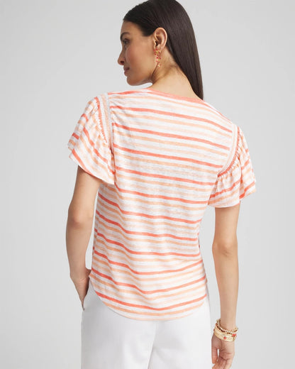 Chico's Women | Striped Linen Smocked Flutter-Sleeved Tee MELON MAMBO
