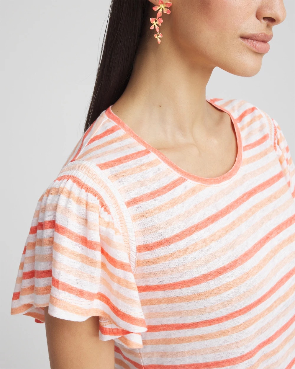 Chico's Women | Striped Linen Smocked Flutter-Sleeved Tee MELON MAMBO
