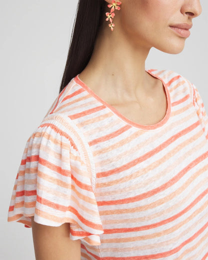 Chico's Women | Striped Linen Smocked Flutter-Sleeved Tee MELON MAMBO