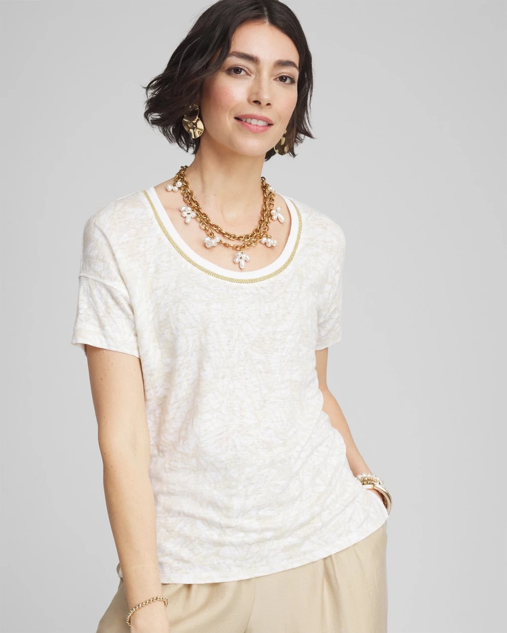 Chico's Women | Printed Sweater Trim Linen Tee RIVER ROCK