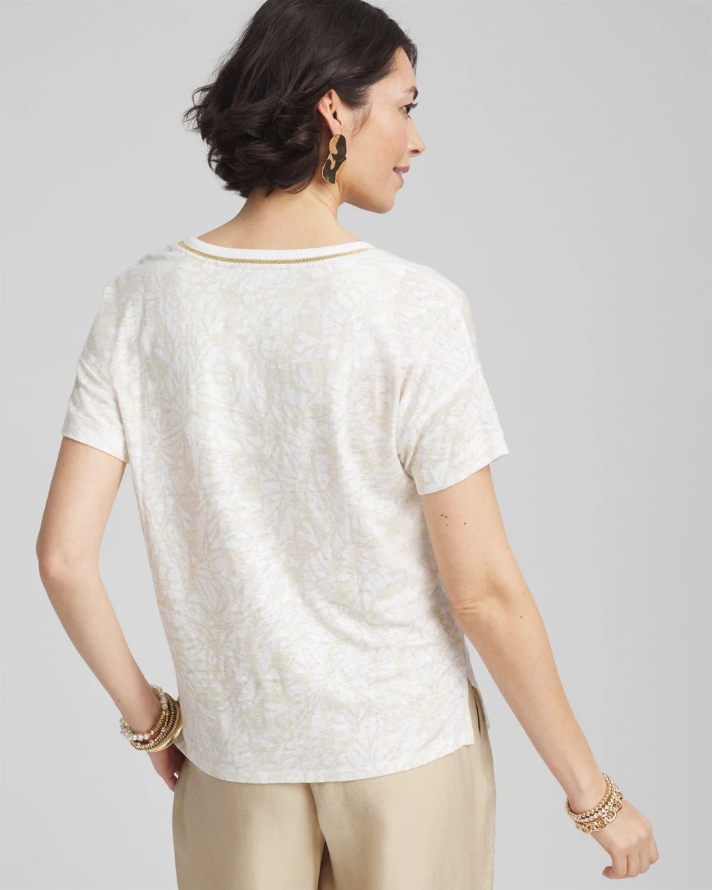 Chico's Women | Printed Sweater Trim Linen Tee RIVER ROCK