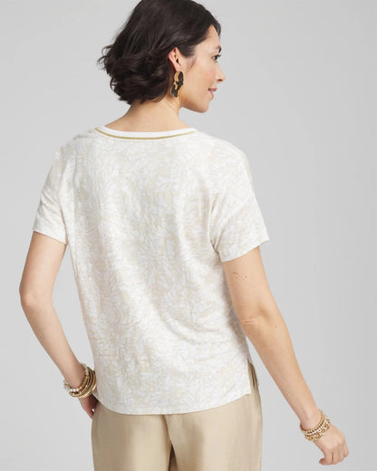 Chico's Women | Printed Sweater Trim Linen Tee RIVER ROCK