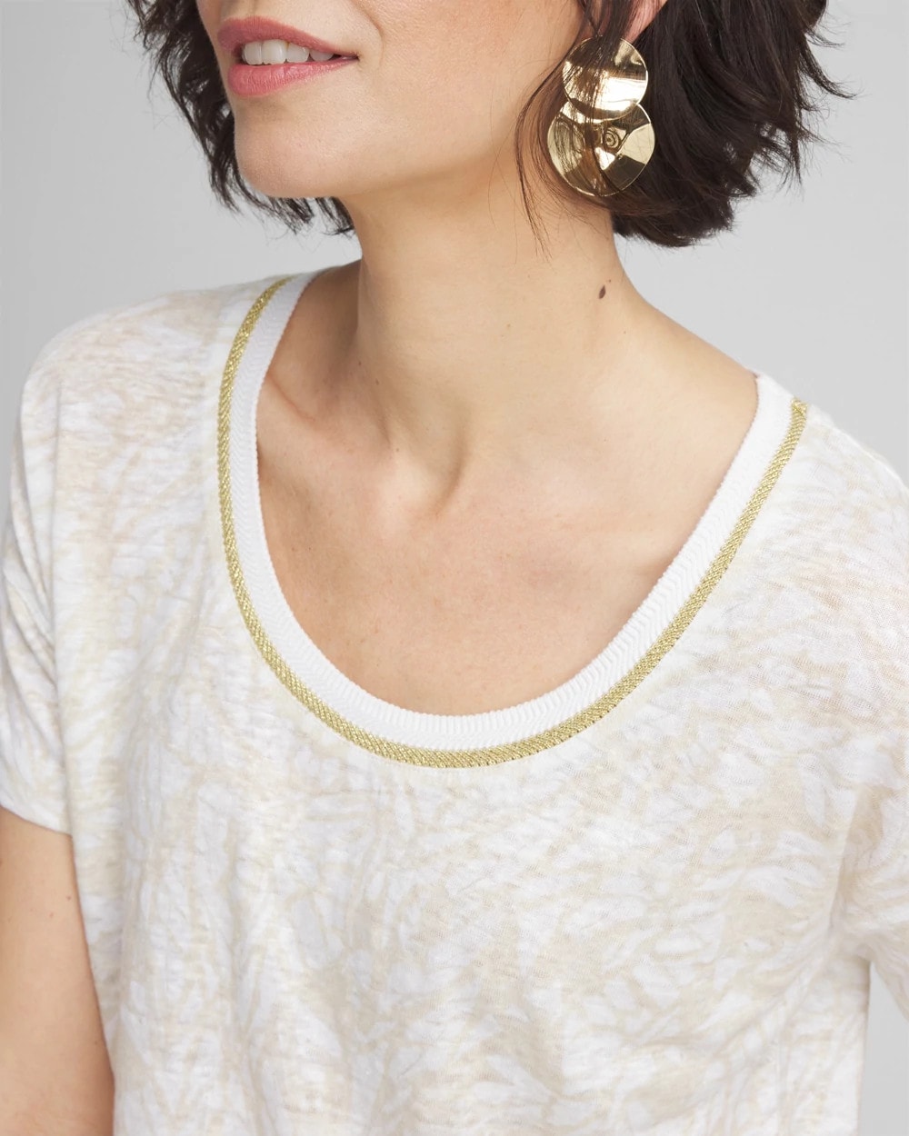 Chico's Women | Printed Sweater Trim Linen Tee RIVER ROCK
