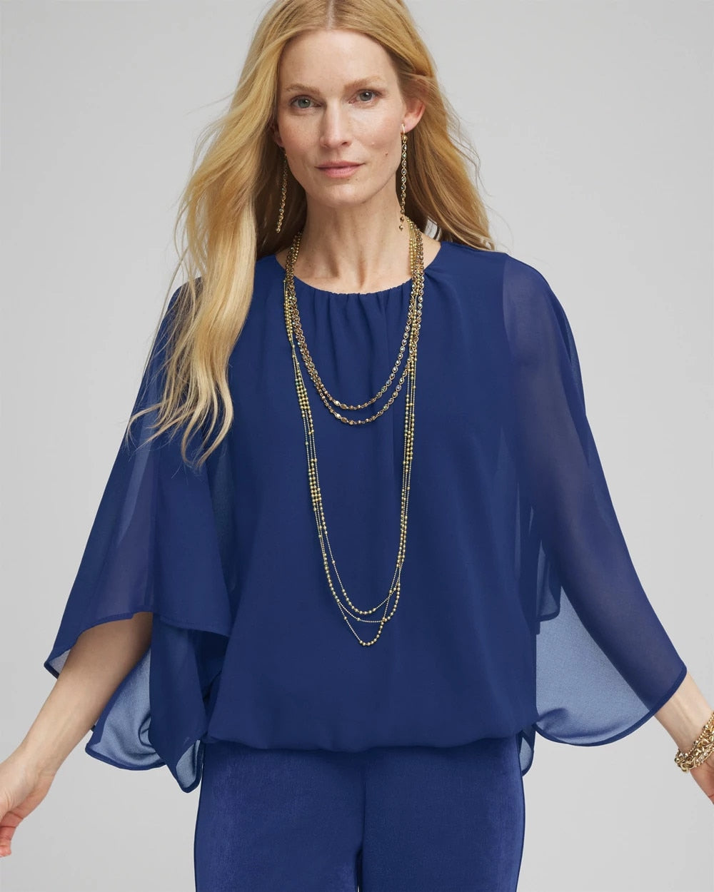 Chico's Women | Travelers™ Collection Bubble Hem Chiffon Blouse BLUE CASA