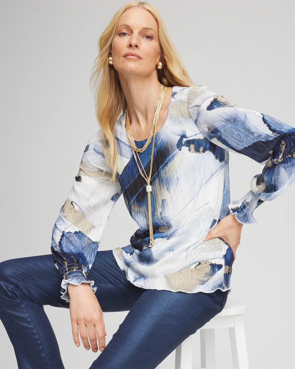 Chico's Women | Foil Ocean Print Crinkle Top ENGLISH CREAM