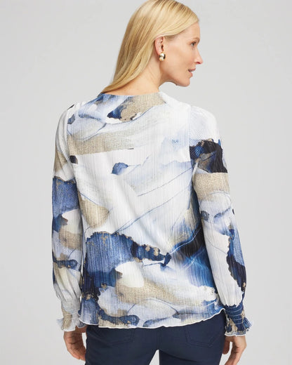 Chico's Women | Foil Ocean Print Crinkle Top ENGLISH CREAM