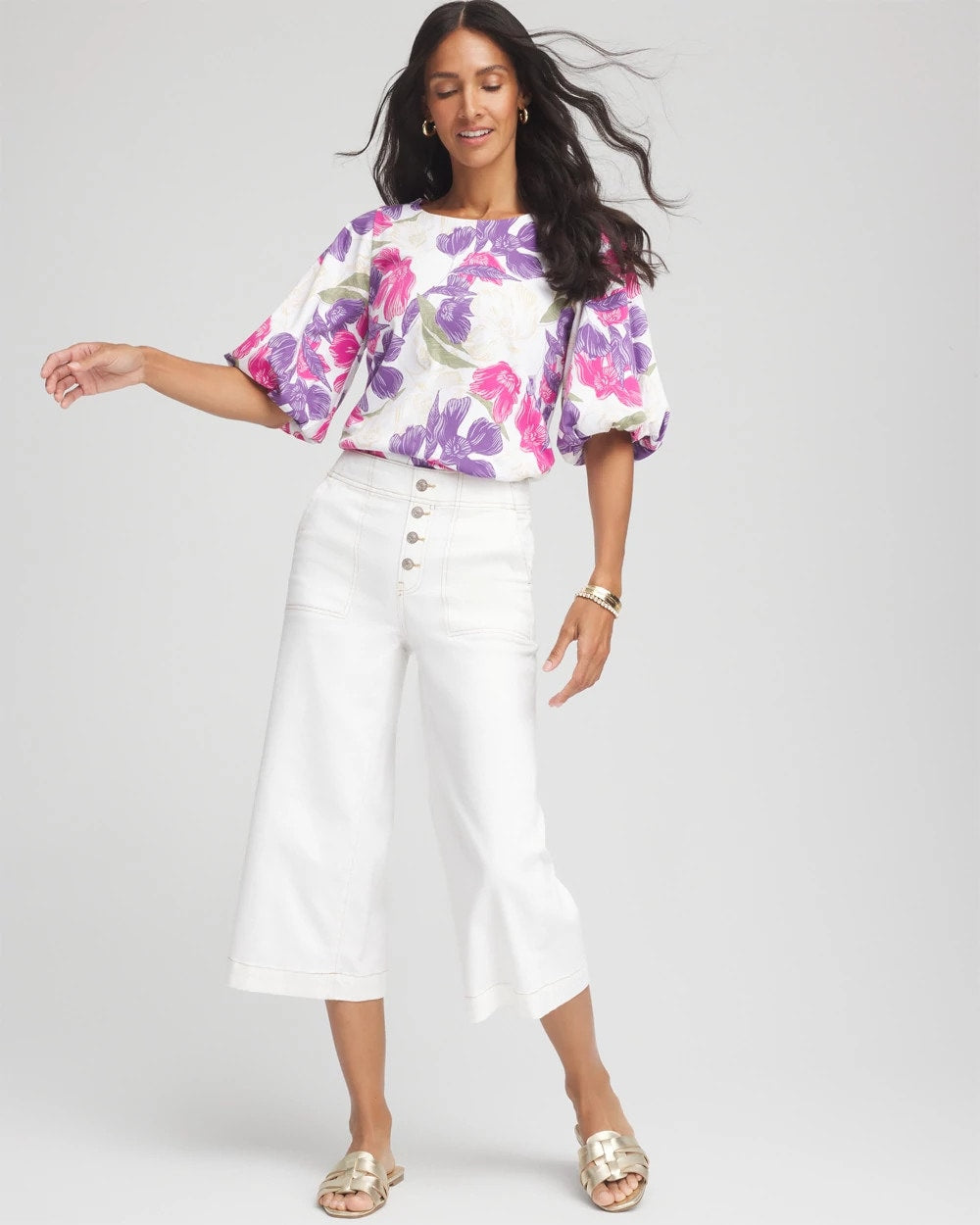 Chico's Women | Floral Bubble Sleeve Top ALABASTER