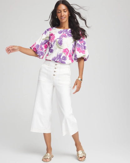 Chico's Women | Floral Bubble Sleeve Top ALABASTER
