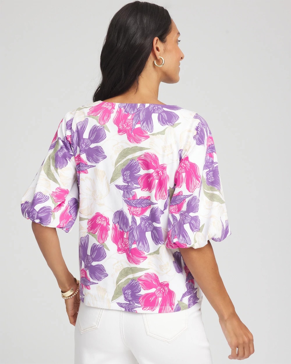 Chico's Women | Floral Bubble Sleeve Top ALABASTER