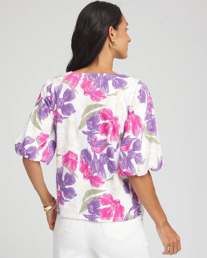 Chico's Women | Floral Bubble Sleeve Top ALABASTER