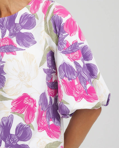 Chico's Women | Floral Bubble Sleeve Top ALABASTER