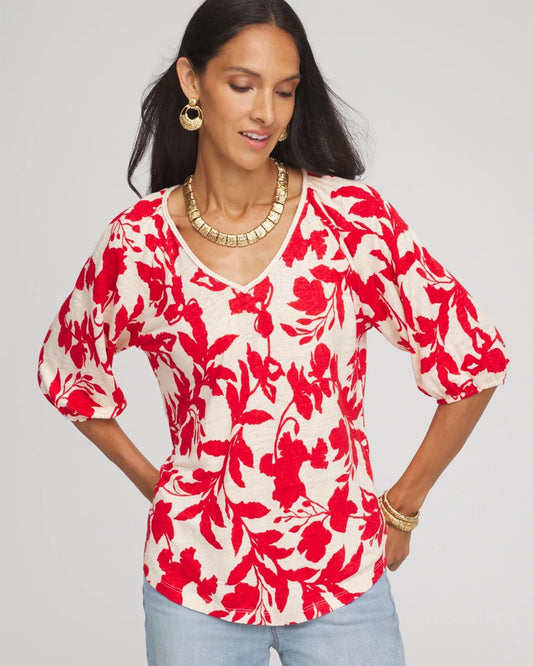 Chico's Women | Floral Braided Linen Top RED GLOW