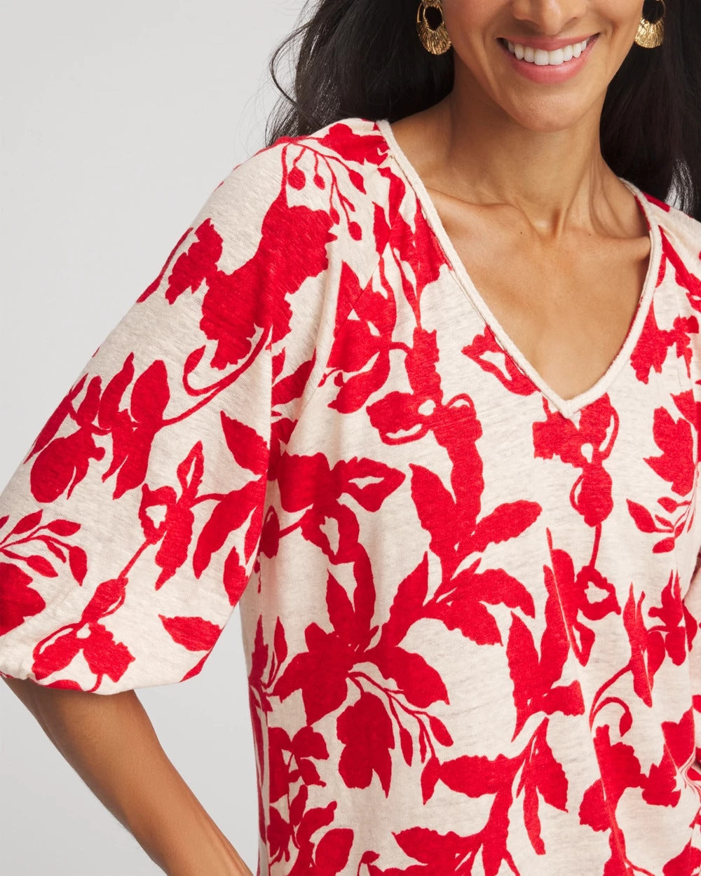 Chico's Women | Floral Braided Linen Top RED GLOW