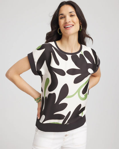 Chico's Women | Floral Rib-Knit Satin Top ECRU