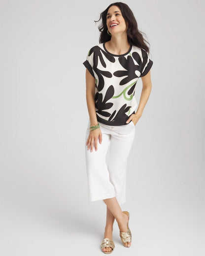 Chico's Women | Floral Rib-Knit Satin Top ECRU