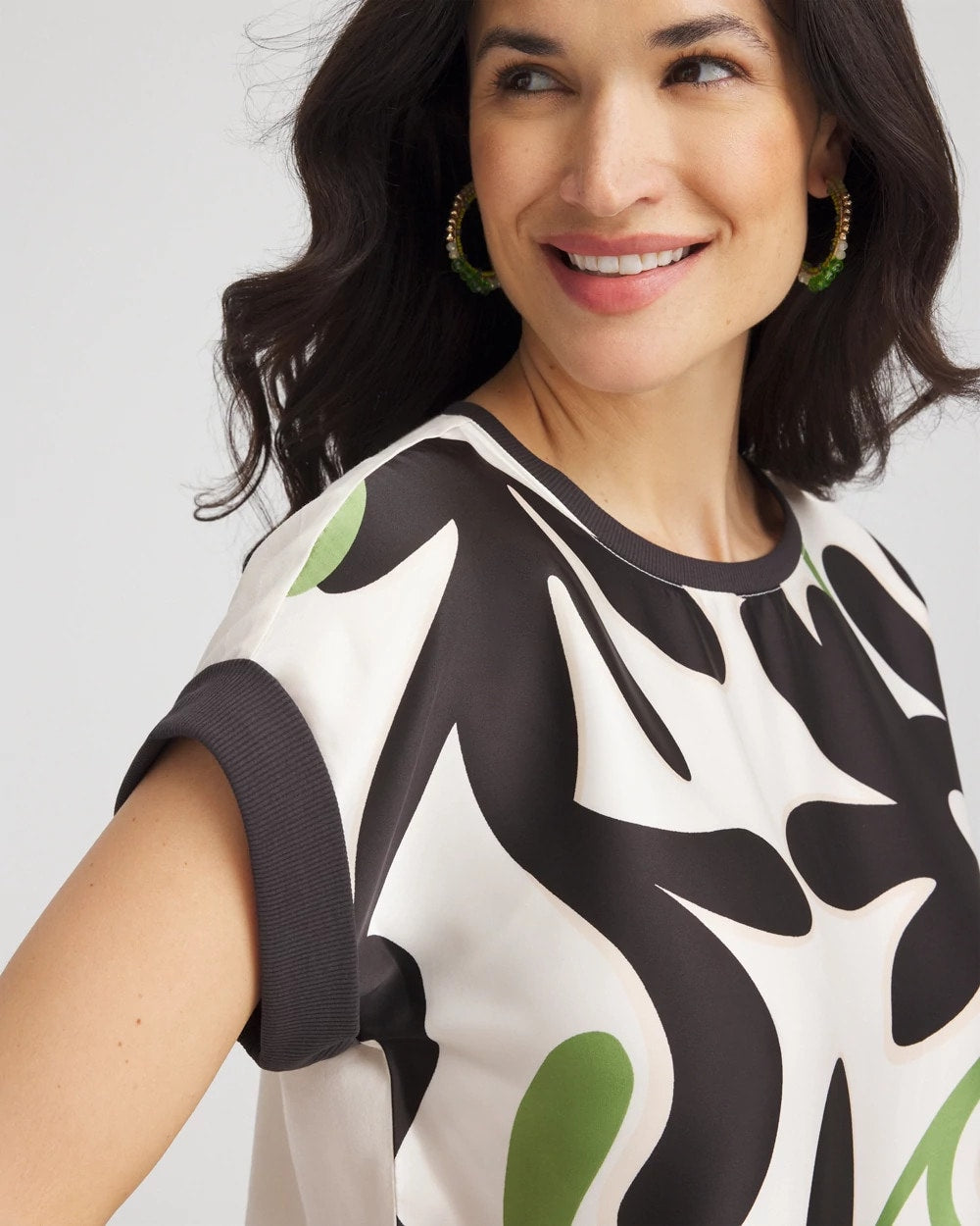 Chico's Women | Floral Rib-Knit Satin Top ECRU