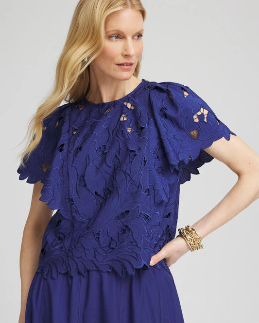 Chico's Women | Lace Detail Flutter Sleeve Top BLUE CASA