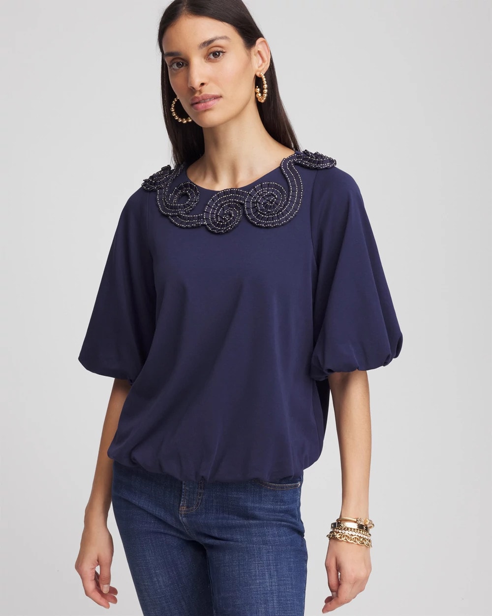 Chico's Women | Bubble Hem Pleated Cotton Top PASSPORT BLUE