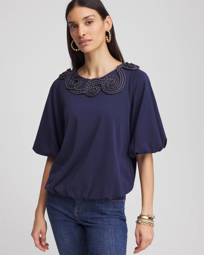 Chico's Women | Bubble Hem Pleated Cotton Top PASSPORT BLUE