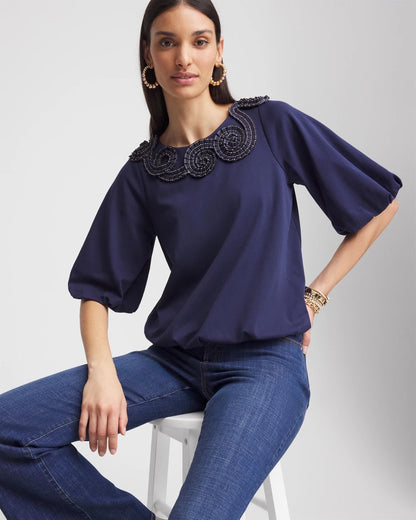 Chico's Women | Bubble Hem Pleated Cotton Top PASSPORT BLUE