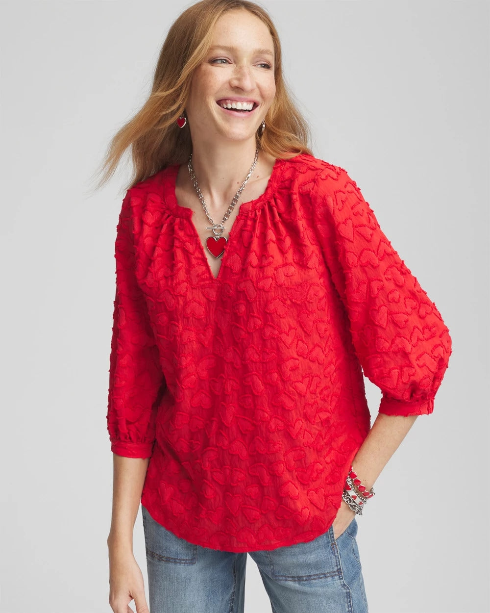 Chico's Women | Embellished Valentine's Day Blouse LOVE LETTER RED