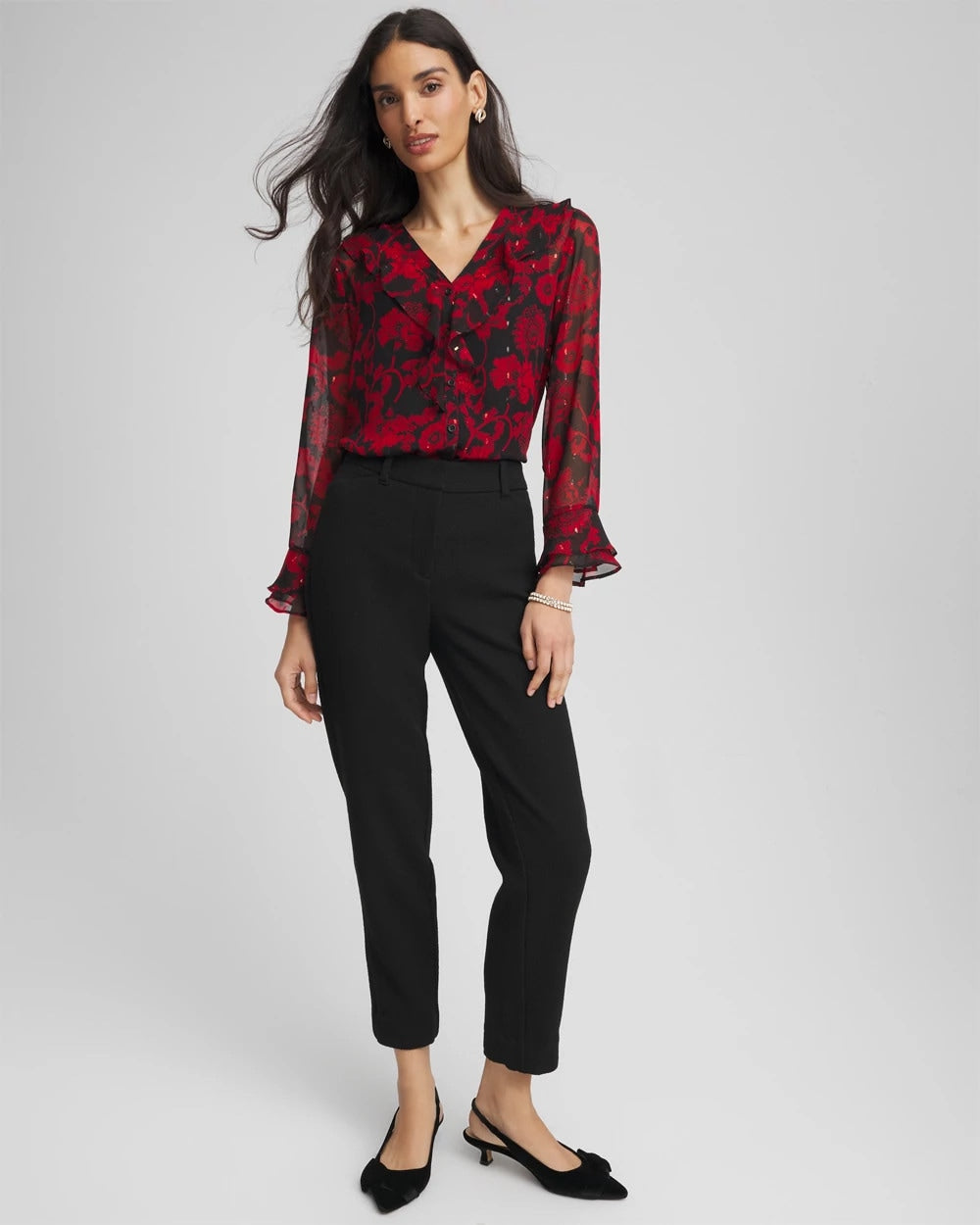 Chico's Women | Georgette Clip Dot Ruffle Blouse CARMINE RED